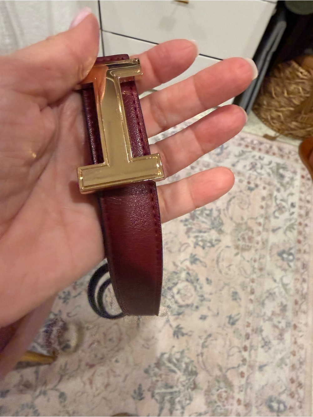 Designer inspired reversible burgundy/Black Leather like Belt with Gold Hardware